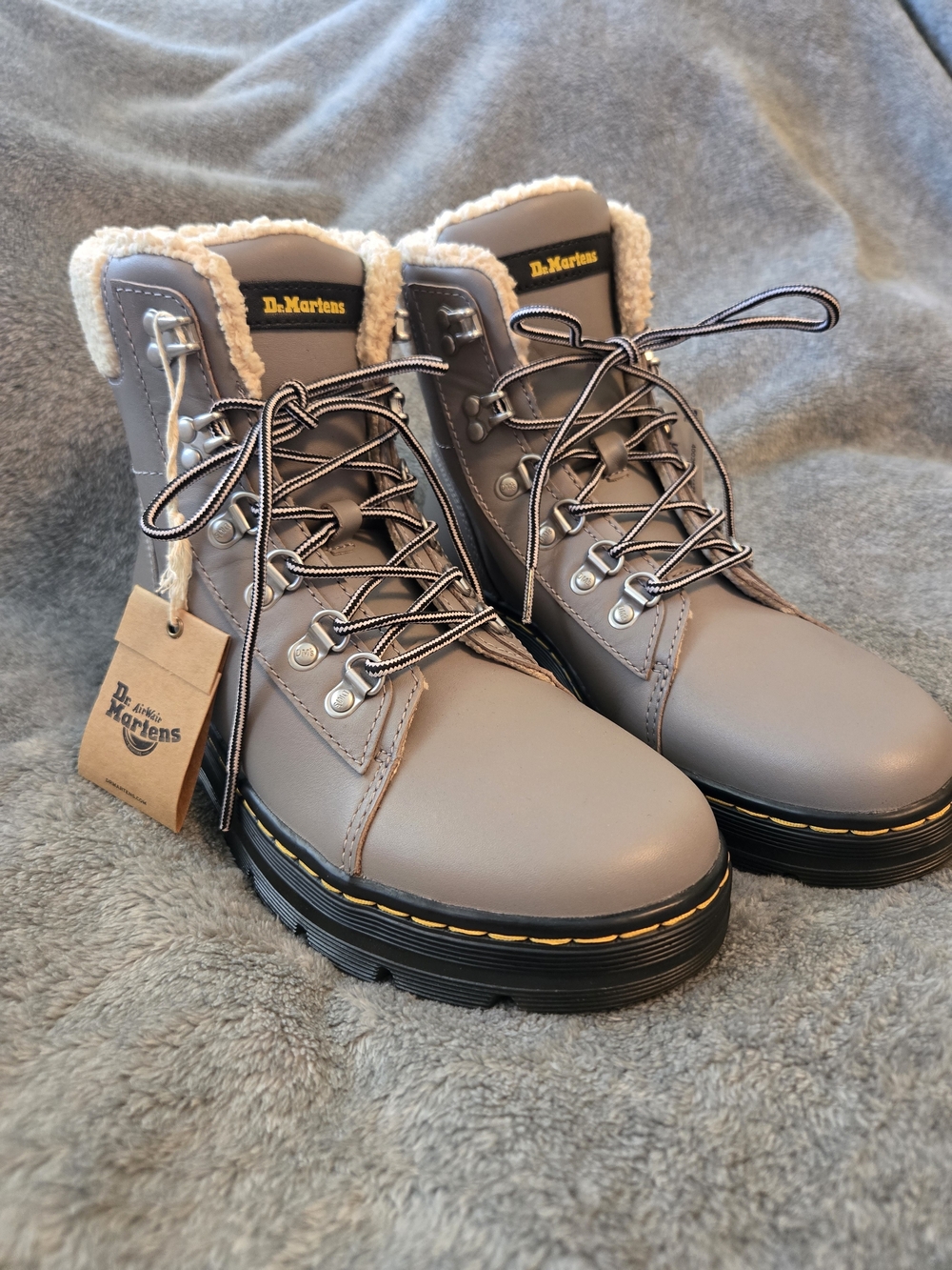 Dr. Martens Grey Oiled Full Grain Boogie Faux Fur Docs Combat Boots
